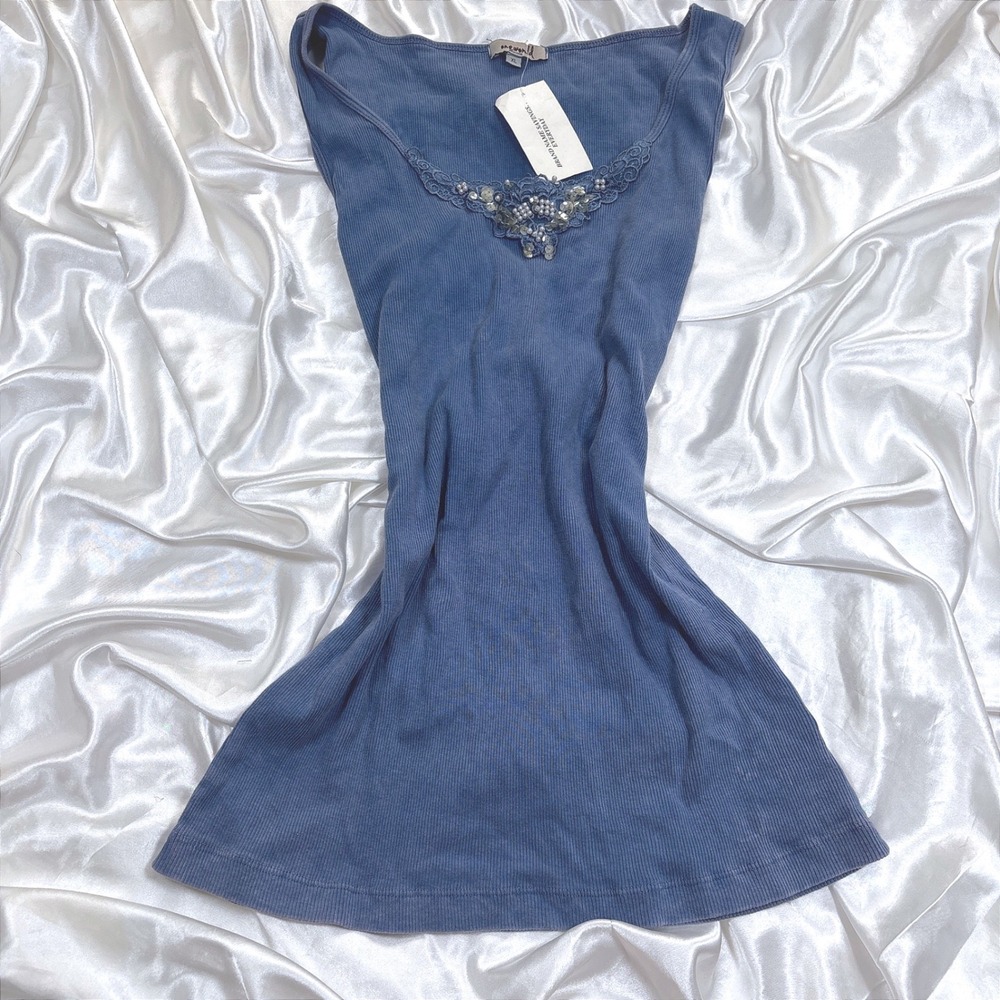 y2k Tank Top Blue New One World Embellished Lace Sequin Ribbed Sleeveless XL